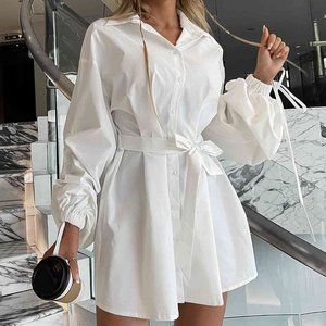 Drawstring Balloon Sleeves Belted Mini Shirt Dress